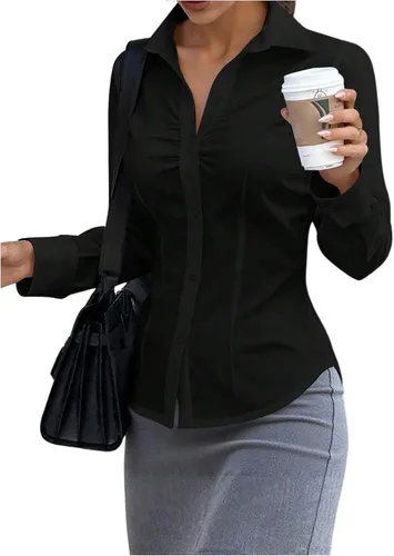 Miniatura 8 de GORGLITTER Blusa ajustada fruncida para mujer, de manga larga, con cuello, ajustada, para negocios, trabajo, casual, otoño, moda
