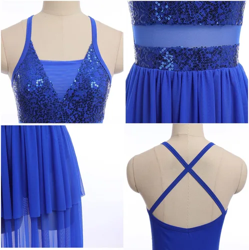 Miniatura 5 de ODASDO Disfraces de baile lírico para mujer, moderno y contemporáneo, vestido de tul de malla con volantes y lentejuelas cruzadas