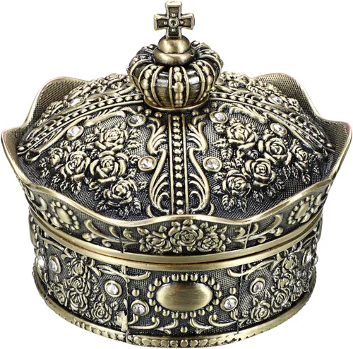 Hipiwe Joyero vintage, diseño de corona antigua, organizador de almacenamiento de cofre del tesoro, aretes de metal, collar y anillo de soporte,