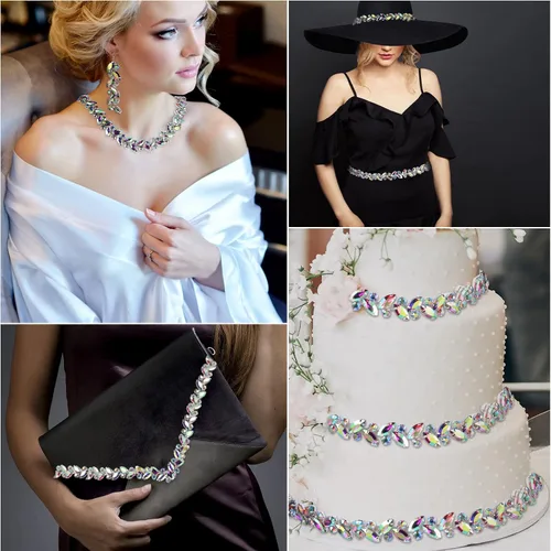 Miniatura 7 de BBTO Adorno de cadena de diamantes de imitación, adorno de cristal para boda, disfraz de novia, cadena de hojas de flores, costura, adornos