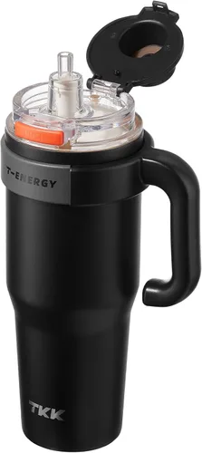 Miniatura 15 de TKK Vaso de 27 onzas con asa y popote, botella aislada con revestimiento de cerámica, taza de viaje 100% a prueba de fugas para agua, té helado