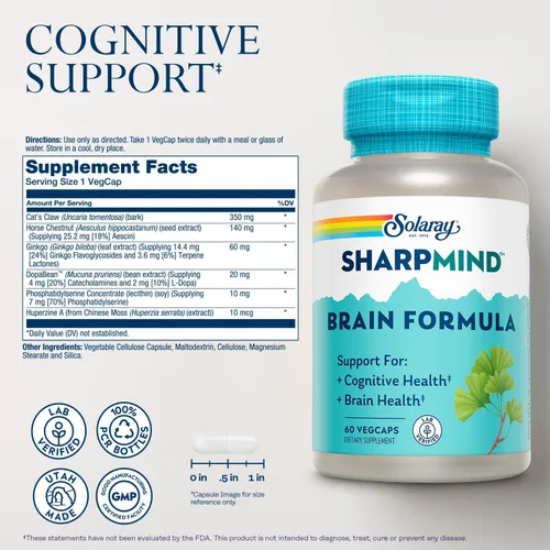 Miniatura 2 de SOLARAY SharpMind Fórmula de apoyo cerebral – Suplementos cerebrales nootrópicos – Apoyo cognitivo y de salud cerebral con ginkgo biloba – 60 días