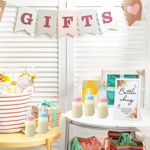 Miniatura 6 de Roowest Bottle Chug Baby Shower Games Favores que incluyen 18 botellas con 1 botella de chug de madera para revelación de género y suministros