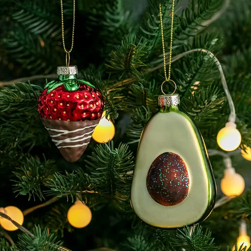 Adornos de Navidad de cristal, paquete de 2 adornos de aguacate y fresa para árboles de Navidad, adornos de vidrio soplado para colección y regalo