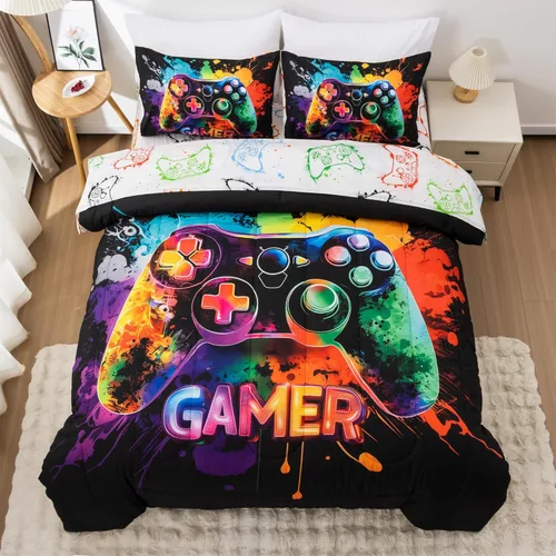 Miniatura 8 de NTBED Juego de edredón de consola de videojuegos de 5 piezas para niños y niñas, ropa de cama geométrica en una bolsa, de microfibra ligera