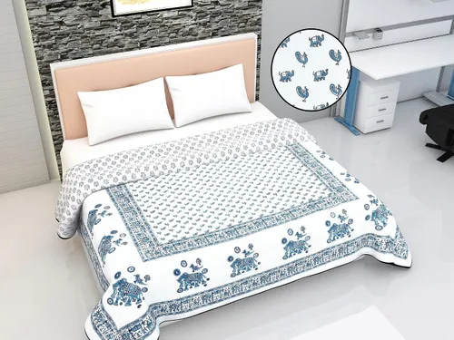 Miniatura 2 de Reversible 100% Cotton Lightweight Blanket, Indian Blanket, AC Blanket Throw, 90x 108'' (Blue-Elephant-Peacock)