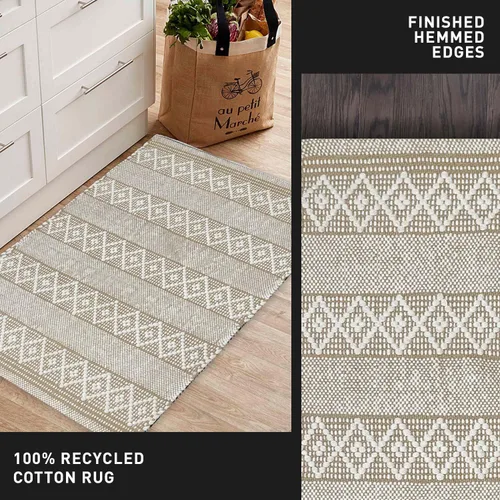 Miniatura 5 de Chardin home Alfombra bohemia beige y blanca de 2 x 3 pies Alfombra de granja tejida a mano Ideal para cocina, entrada, baño, meditación