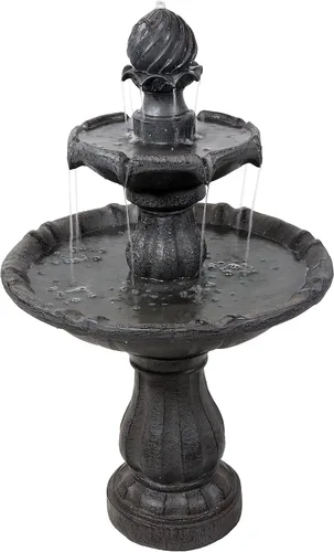Sunnydaze Fuente de agua solar de 2 niveles de 35 pulgadas con respaldo de batería, bomba sumergible, resina y fibra de vidrio, color negro