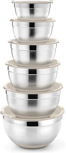 Miniatura 10 de P&P CHEF Tazones para mezclar con tapas, juego de 6, cuencos de mezcla anidables de acero inoxidable y tapas de montaje y parte inferior de silicona