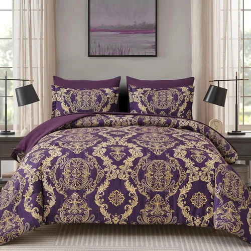 Miniatura 22 de WONGS BEDDING - Juego de edredón negro tamaño full, textura damasco dorado, juego de 7 piezas en una bolsa, de microfibra - 1 edredón, 1 sábana