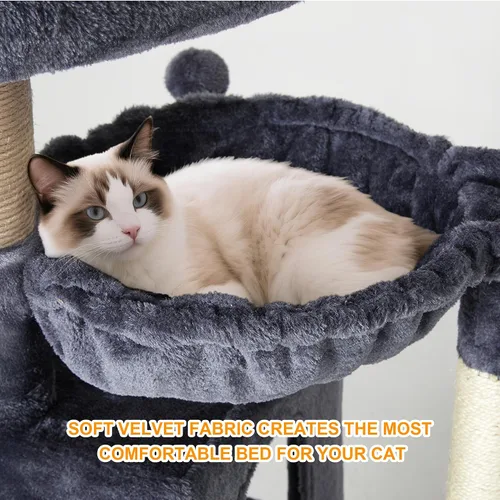 Miniatura 5 de Torre de árbol para gatos de 37 pulgadas con condominio para gatos de varios niveles, postes rascadores, cueva para gatos de 2 puertas, gris