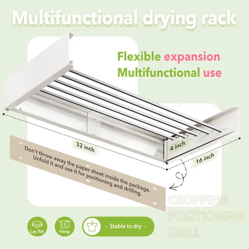 Miniatura 3 de ZdwCyl Estante de secado montado en la pared, 32 pulgadas, plegable, estante de secado de ropa, soporte de pared, estante de secado para ropa