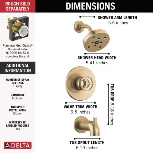 Miniatura 4 de Delta Faucet Trinsic Serie 14 Juego de grifo de ducha dorado con cabezal de ducha H2Okinetic, kit de accesorios de ducha dorados, juego de grifo