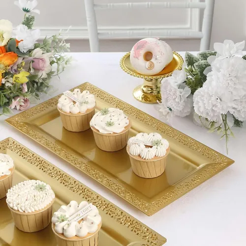 Miniatura 8 de Efavormart - Paquete de 4 bandejas rectangulares de plástico con estampado de encaje dorado de 14 pulgadas, bandejas decorativas para mesa de café