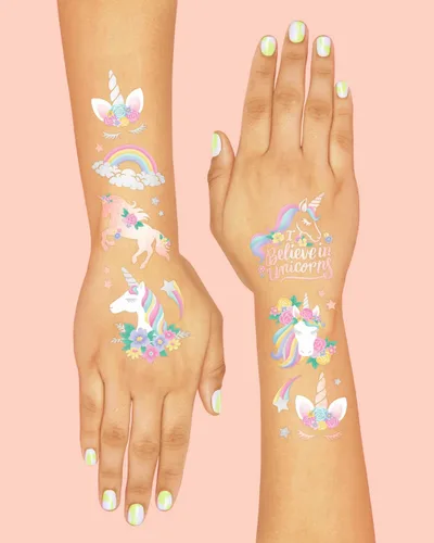 Miniatura 4 de xo, Fetti Recuerdos de fiesta de unicornio – Tatuajes temporales para niños – 26 estilos Suministros para fiesta de cumpleaños, decoraciones