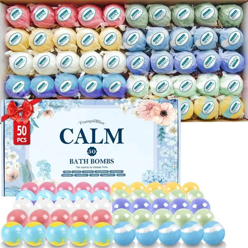 TranquilBliss Juego de 50 bombas de baño con 10 aromas ricos, bombas de baño para mujeres, bombas de burbujas naturales con manteca de karité y Azul