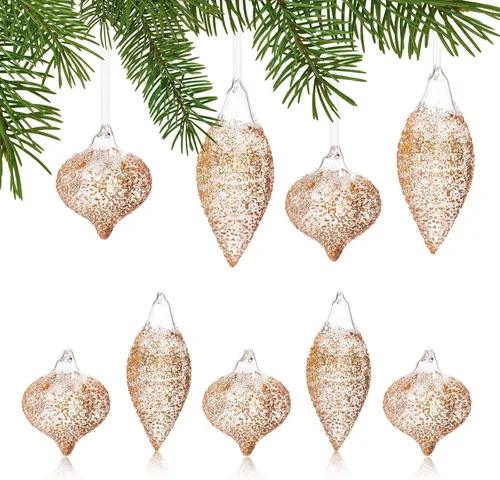 Miniatura 10 de DN DECONATION Adornos de cristal de Navidad, adorno de bola colgante de terciopelo flocado con varios tamaños y diseños, adorno amarillo mate
