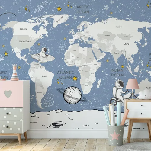 Miniatura 14 de Papel tapiz para habitación de niños, espacio de astronauta, mural de mapa gigante del mundo con países, papel tapiz para guardería, despegar