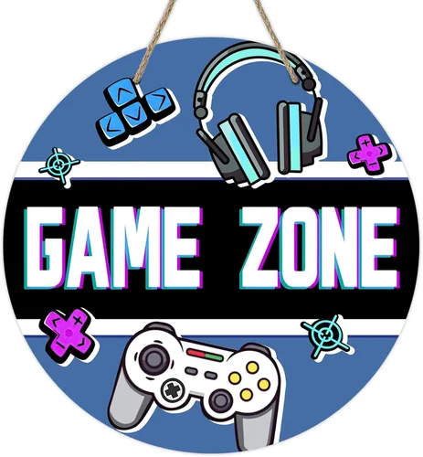 Deroro Game Zone - Letrero para puerta delantera, controlador de videojuegos, colgador de puerta de madera, decoración de dormitorio de niños, Zona