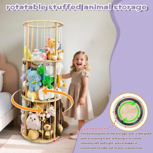 Miniatura 2 de Torre giratoria de almacenamiento de animales de peluche, organizador de juguetes de peluche de madera de 51 pulgadas de alto