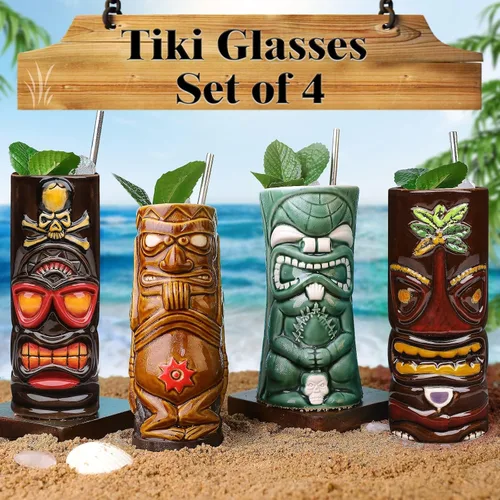 Miniatura 2 de SuproBarware Juego de 4 tazas Tiki de cerámica grandes Tiki tazas hawaianas Luau para fiestas, tazas Tiki Bar para cócteles