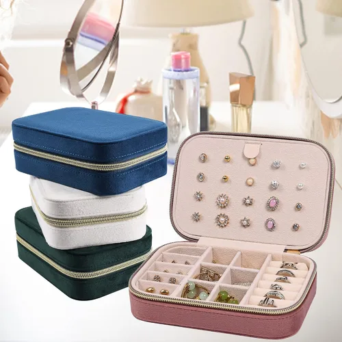 Miniatura 7 de Dajasan Joyero de terciopelo, pequeño estuche de joyería de viaje, organizador de joyas portátil de viaje para mujeres y niñas (rosa)