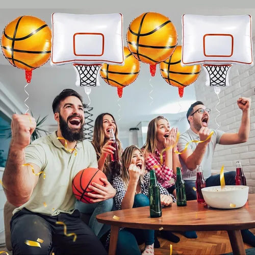 Miniatura 6 de Soulchen Juego de 6 globos de papel de aluminio para fiesta de baloncesto con 4 globos de baloncesto naranjas y 2 globos decorativos de aro