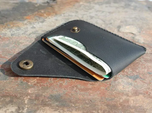 Miniatura 7 de Cartera organizadora de tarjetas de bolsillo frontal cosida a mano minimalista de cuero genuino para tarjetas, billetera con tarjetero pequeño, Negro