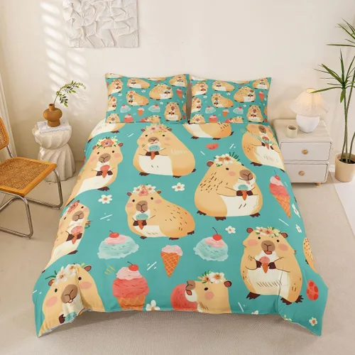 Miniatura 8 de Erosebridal Cute Capybara Duvet Cover Twin Kawaii Capybara Eating Ice Cream Comforter Cover for Kids Teens Cartoon Cute Animals Bedding Set Cake