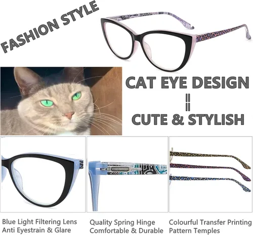 Miniatura 3 de Paquete de 3 lentes de lectura con bloqueo de luz azul, para mujer, diseño elegante de ojo de gato, antifatiga ocular y deslumbramiento, +1.0