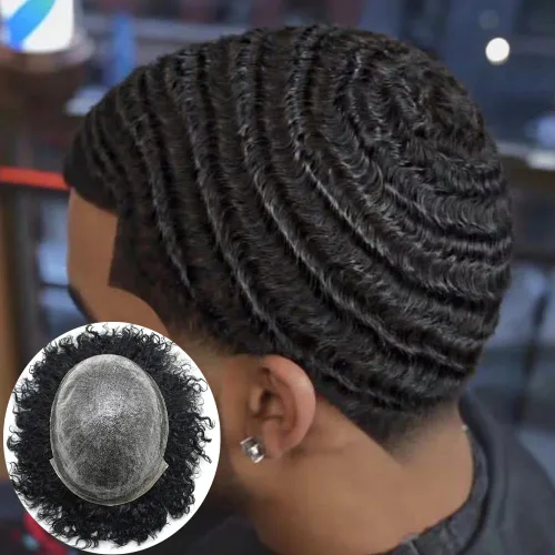 Miniatura 10 de Pelucas negras Afro Toupee de 0.236 pulgadas para hombre, con ondas afro de piel de polietileno, inyección de poliuretano, sistema de reemplazo