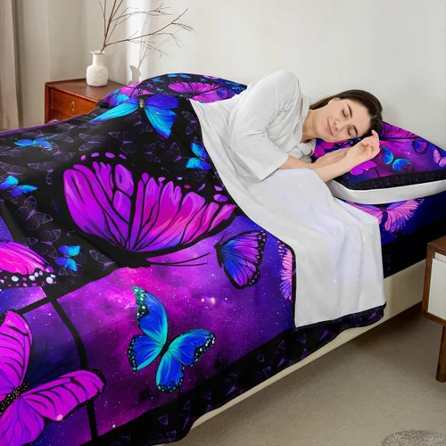 Miniatura 6 de Juego de sábanas de mariposa morada, tamaño Queen, con bolsillo profundo, galaxia mística, juego de ropa de cama de mariposa azul para niños, niñas