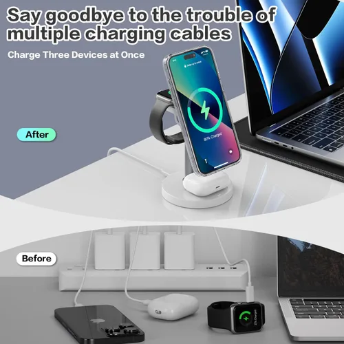 Miniatura 6 de Estación de carga inalámbrica 3 en 1 compatible con MagSafe, soporte de cargador magnético Mag-Safe de carga rápida de 15 W para Apple iPhone 17 16