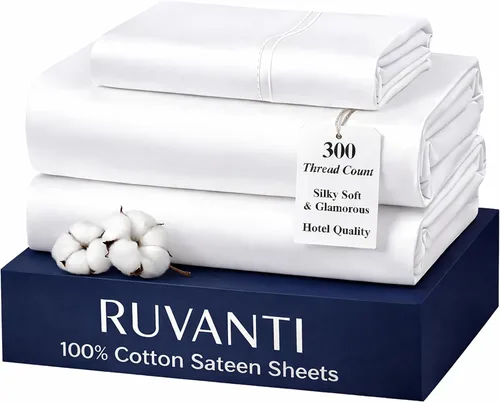 Miniatura 21 de RUVANTI Juego de sábanas de 100 % algodón tamaño matrimonial, tejido de satén suave y sedoso de 300 hilos, refrescante, ligero y transpirable, Beige