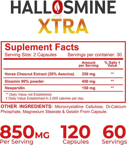 Miniatura 8 de Hallosmine Xtra - Soporte para la circulación y las venas, diosmina hesperidina y castaño de indias 850 mg + crema de piernas gratis, pies