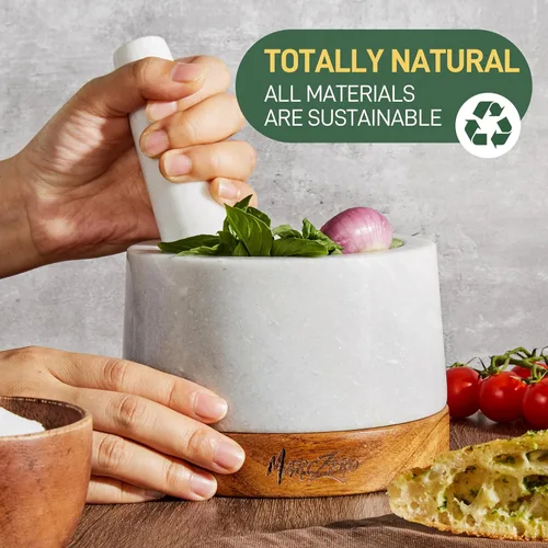 Miniatura 9 de MarcZero Juego de mortero y pilón grande de 15 cm con base de madera antiarañazos, mortero y pilón resistentes hechos de mármol natural (blanco)