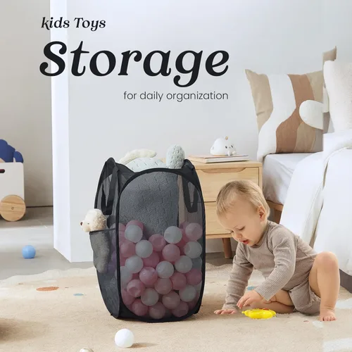 Miniatura 6 de TECHMILLY Cesta plegable de malla para la ropa sucia con asas resistentes y bolsillo lateral, cestas plegables portátiles para ropa para dormitorio