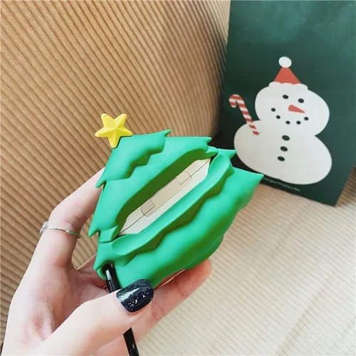 Miniatura 4 de Funda de silicona suave para árbol de Navidad con llavero para Apple AirPods 1, 2, 1ª generación, 2016, 2019, modelo de color verde 3D, caricatura