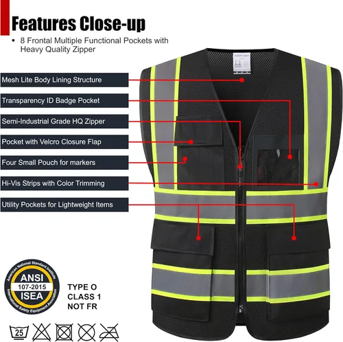 Miniatura 2 de Chalecos de seguridad de malla negra reflectante de alta visibilidad con 8 bolsillos y cremallera frontal, chaleco de seguridad de alta visibilidad