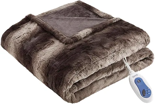 Miniatura 21 de Beautyrest Zuri - Poncho manta eléctrica reversible de piel sintética de leopardo de las nieves a visón, ponible, apagado automático, prácticamente
