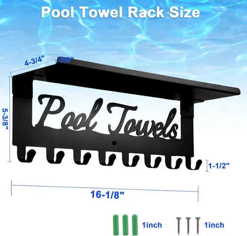 Miniatura 2 de Toalleros de piscina con estante 8 ganchos para piscina, baño, montaje en pared, toallero, soporte para toallas, soporte de acero al carbono