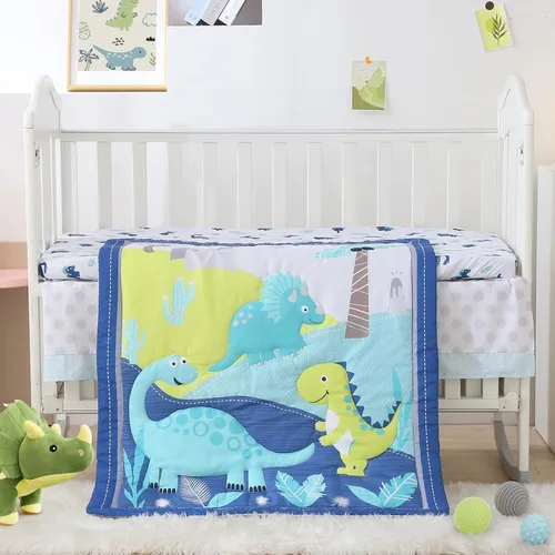 Miniatura 2 de Juego de cama de cuna de dinosaurio mini para niños azul de 3 piezas Premium, juego de sábanas para bebé, juego de cuna de dinosaurios