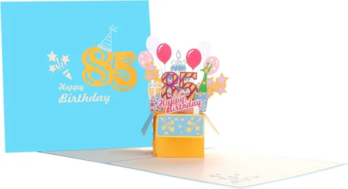 Miniatura 11 de iGifts And Cards Tarjeta desplegable 3D de feliz cumpleaños 84 – Diseño azul con números de purpurina, globos, pasteles y regalos – Tarjeta