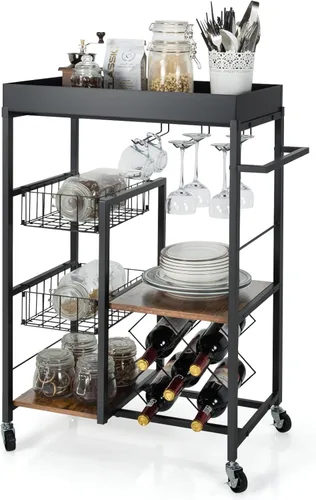 Giantex Carrito de isla de cocina con ruedas, carrito de servicio de bar móvil, con bandeja superior extraíble, estante para vino, soporte para