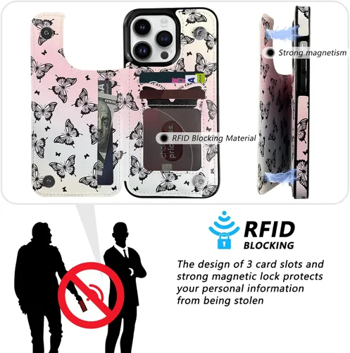 Miniatura 4 de Funda de piel con tapa para tarjetas compatible con iPhone 13 Pro de 6.1 pulgadas, para mujeres y niñas con tarjetero con función atril, doble