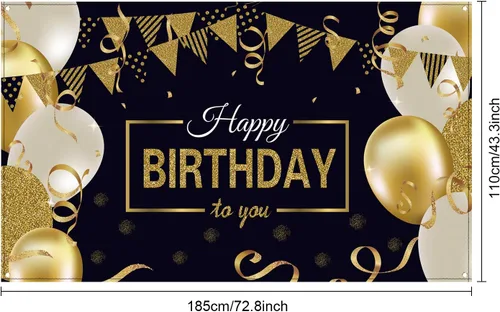 Miniatura 2 de Blulu Cartel de feliz cumpleaños negro y dorado grande para fotos, telón de fondo de tela con purpurina para suministros de decoración de fiesta