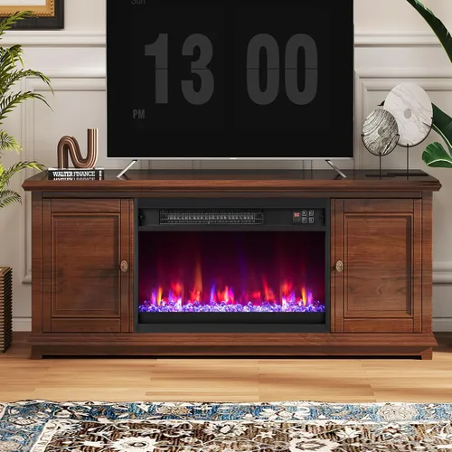 Miniatura 2 de COSTWAY Calentador de chimenea empotrado de 23 pulgadas, inserto de chimenea eléctrica con llama multicolor y cama de brasas de cristal, control