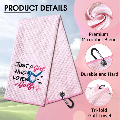 Miniatura 3 de TOUNER Just A Girl Who Loves Golf Toalla bordada para bolsas de golf con clip, divertidos regalos de golfista rosa para tía, novia, hermana, rosa081
