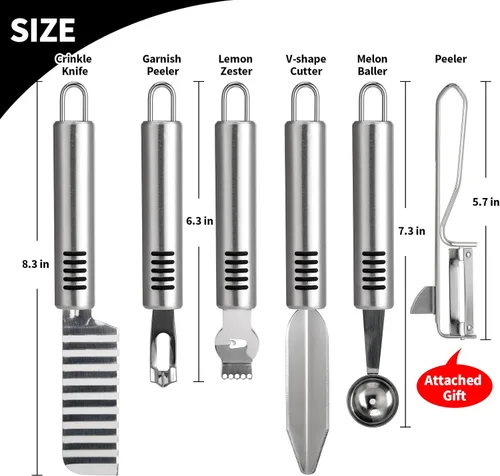 Miniatura 2 de BURLIHOME Juego de cuchillos de tallado de frutas de acero inoxidable, paquete de 5 cuchillas de grabado para vegetales para la cocina, cuchara