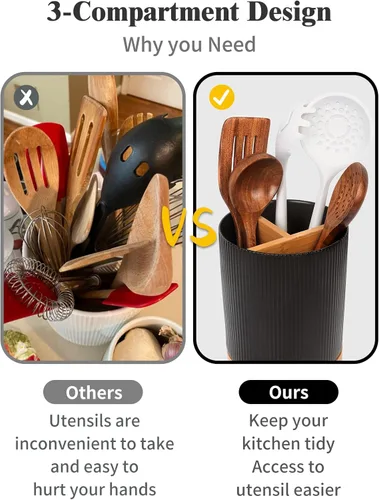 Miniatura 5 de LoeJan Soporte para Utensilios de 3 Compartimentos, Recipiente para Utensilios Extra Grande, Organizador de Utensilios de Cerámica Estable, Juego